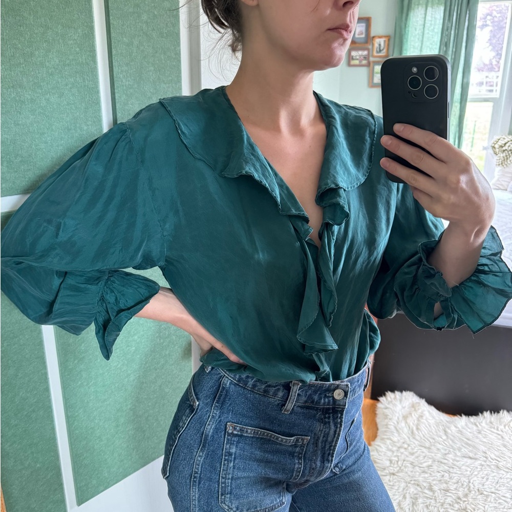 Vintage SCNY 80s Green Silk Ruffle Blouse Medium